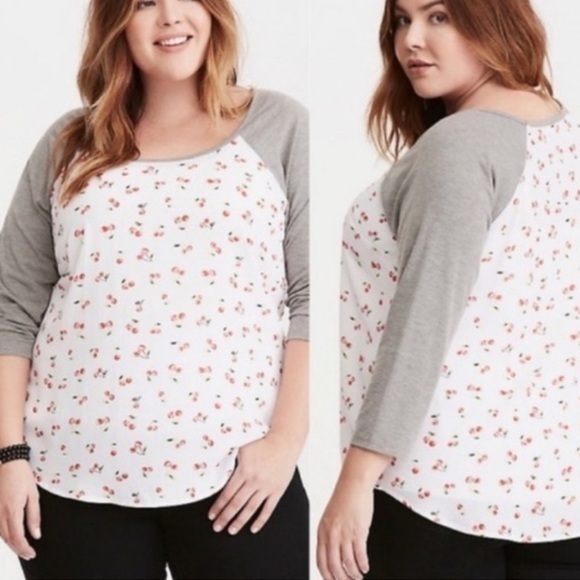 Torrid Top Cherry Print Gray Long Sleeve Raglan Baseball Shirt Retro Trendy - Picture 1 of 5